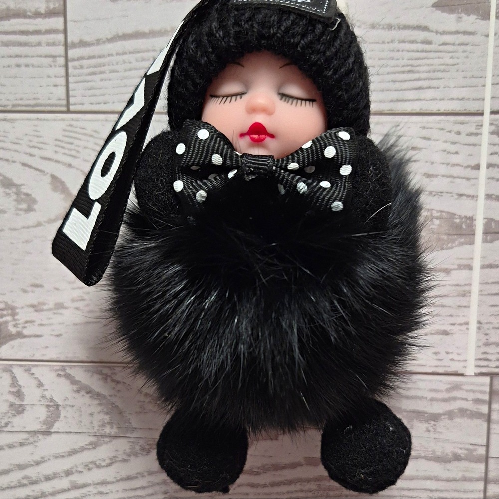 Hdsp Black Faux Fur Doll sleeping Pom Pom Key Chain  Polka Dot Bow LOVE Strap